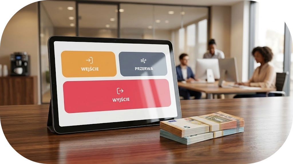 Ewidencja czasu pracy na tablecie w nowoczesnym biurze - aplikacja TimePanel Mini