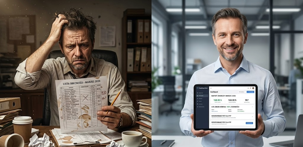 Porównanie tradycyjnej listy obecności z cyfrową ewidencją czasu pracy TimePanel Mini w firmie produkcyjnej – zabezpieczenie przed kontrolą PIP.